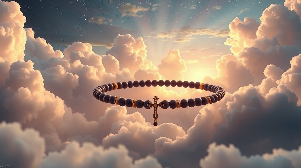 Corona del rosario fluttuante tra le nuvole durante il tramonto