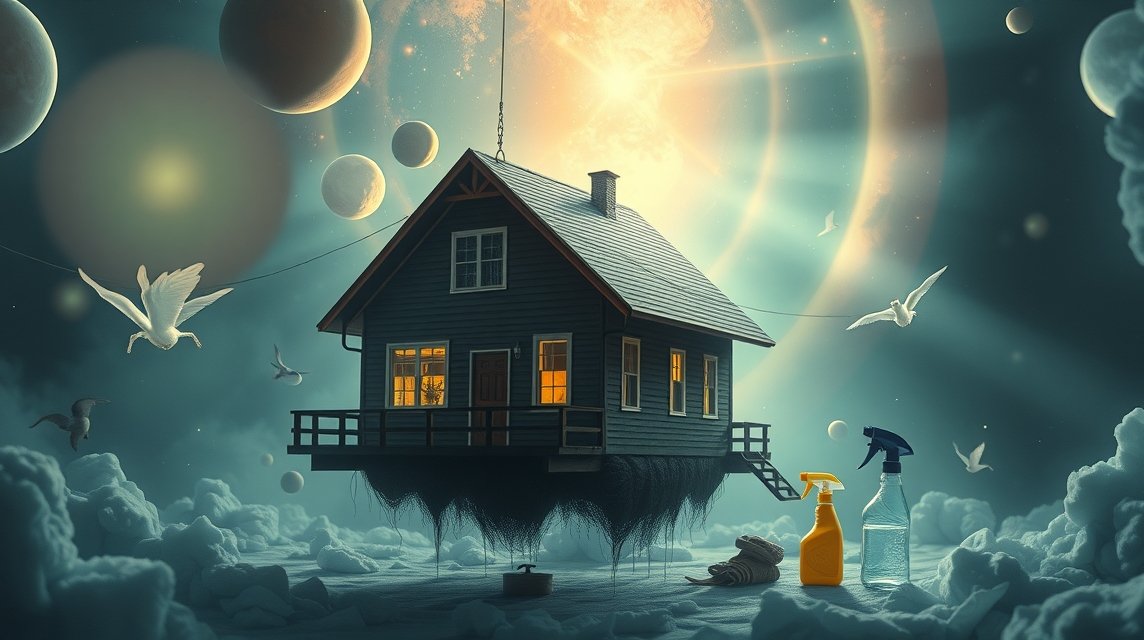 Casa fluttuante con attrezzatura per la pulizia nel sogno