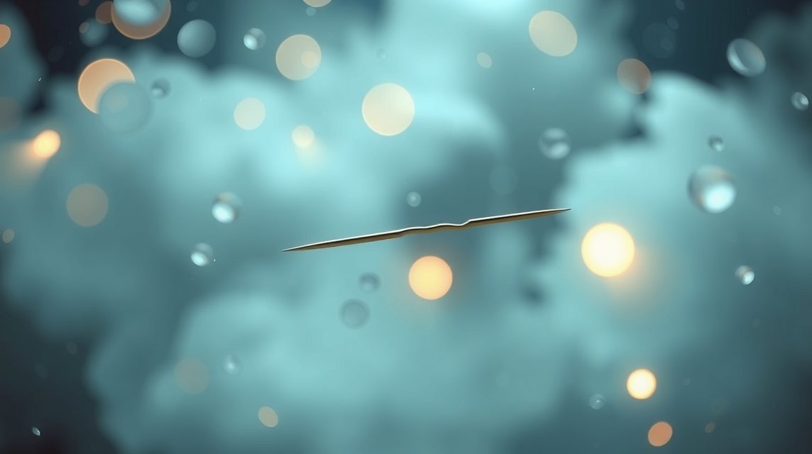 Ago da cucito sospeso tra nuvole e luci sfocate