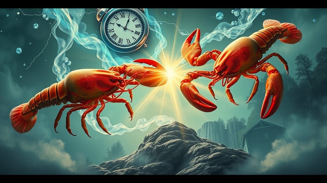 Due aragoste simboliche con un orologio e una luce brillante sullo sfondo