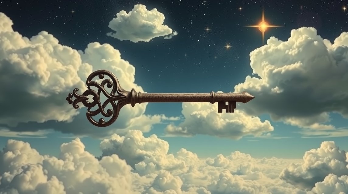 Chiave fluttuante tra nuvole e stelle nel cielo notturno