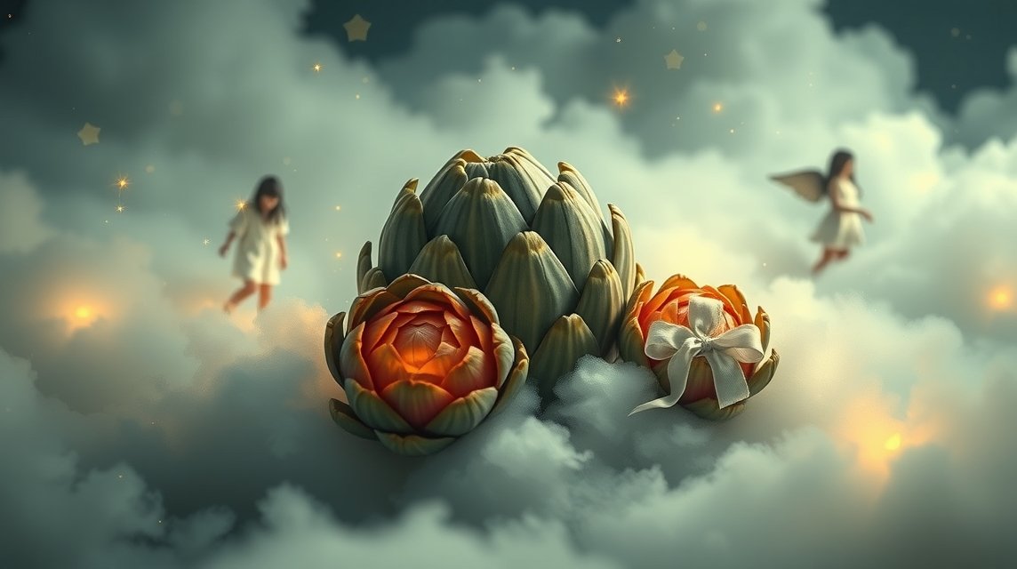 Carciofi regalati tra nuvole e luci, simbolo di amicizia e segreti.