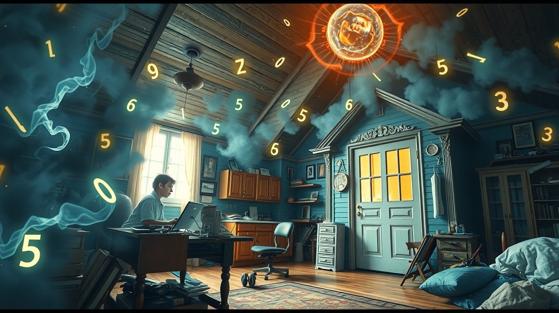 Giovane uomo in una casa disordinata con numeri fortunati in evidenza