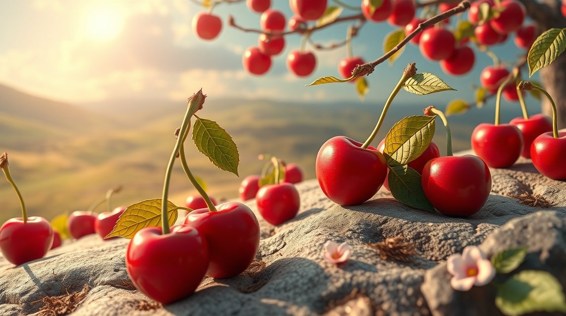 Ciliegie rosse su una superficie naturale illuminate dal sole