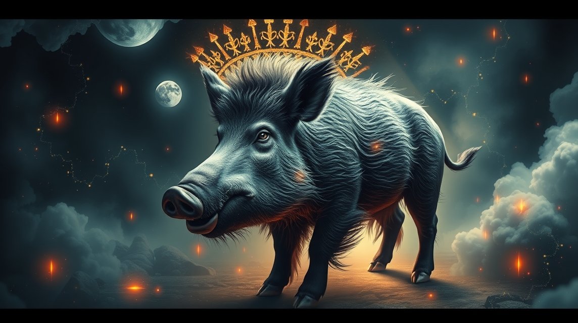 Cinghiale simbolico con corona, rappresentazione di aggressività e istinto