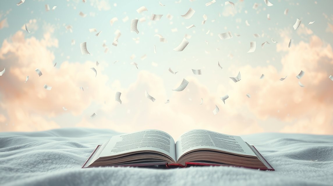 Un libro aperto con confetti bianchi che fluttuano in un'atmosfera serena.