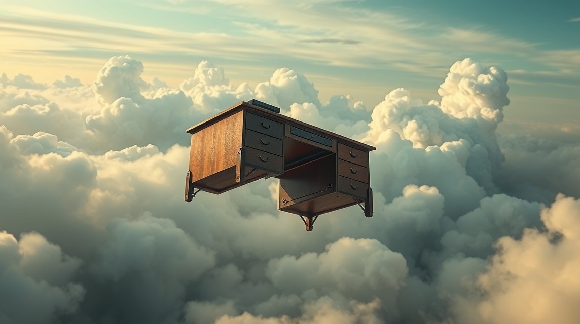 Scrivania fluttuante tra le nuvole, simbolo di cambiamento lavorativo.