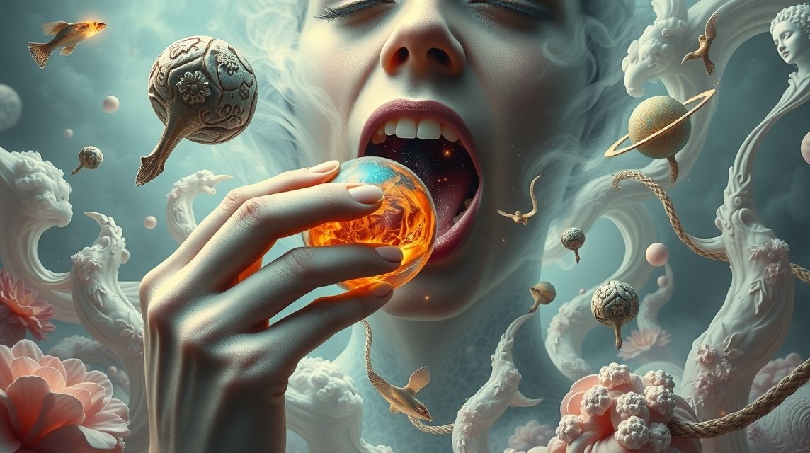 Donna che si libera di un oggetto misterioso dalla bocca