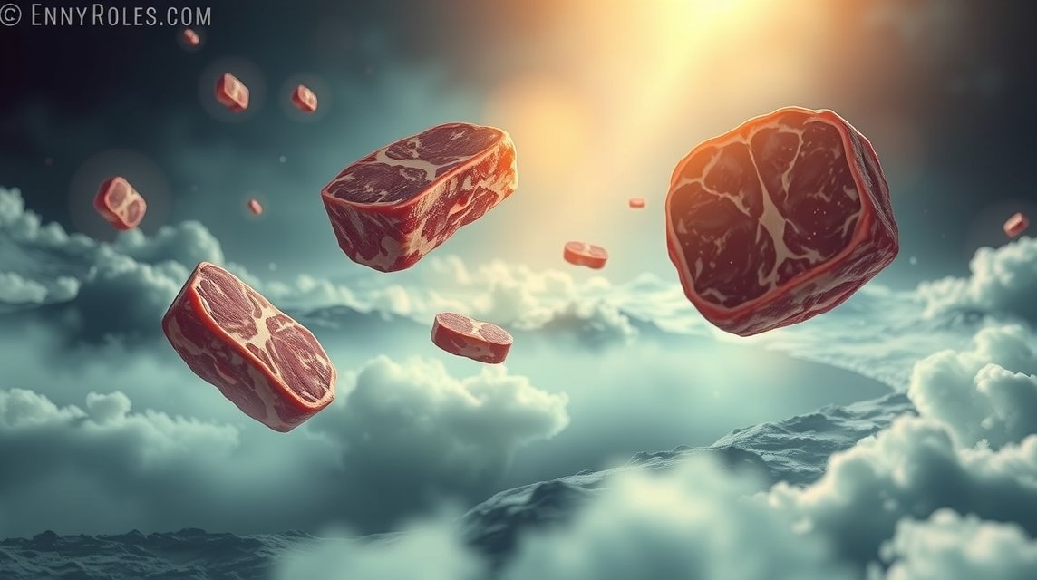 Fette di carne fluttuanti tra le nuvole simbolo di forza e energia