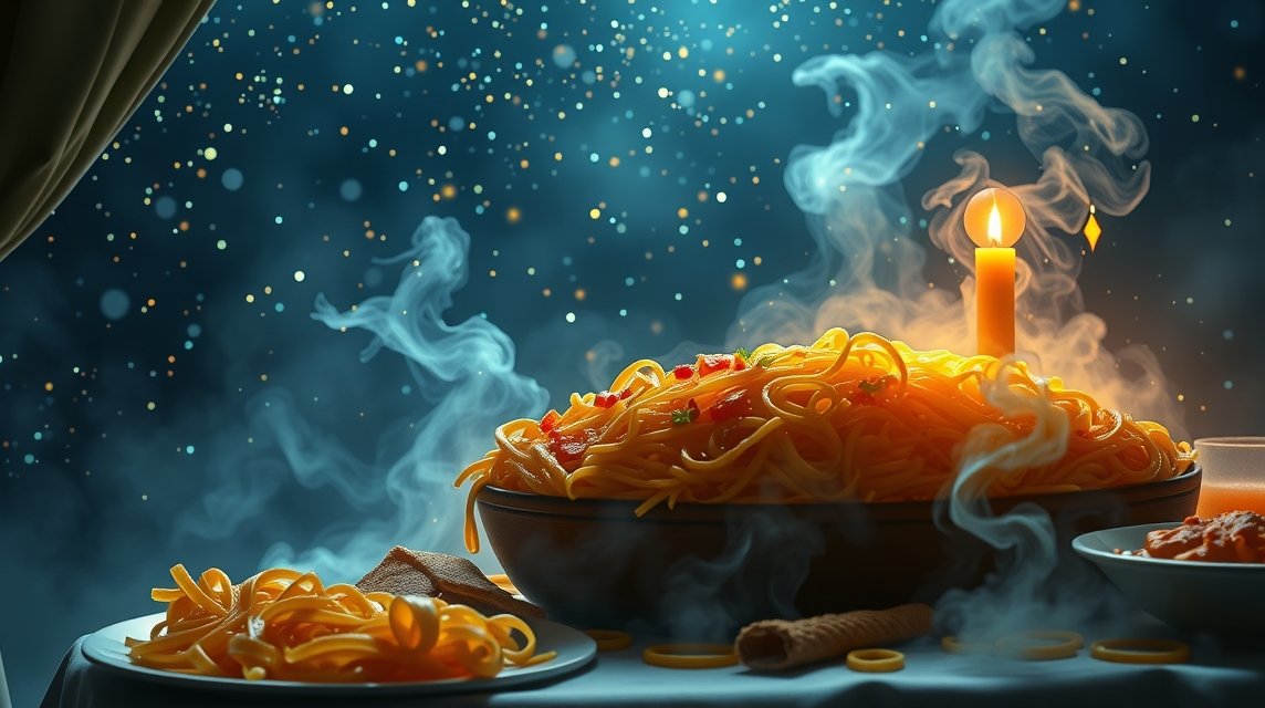 Pasta fumante con pomodoro e erbe, simbolo di famiglia e abbondanza