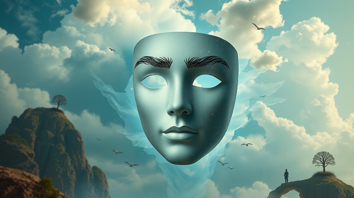 Maschera sospesa nei cieli che simboleggia identità e vulnerabilità
