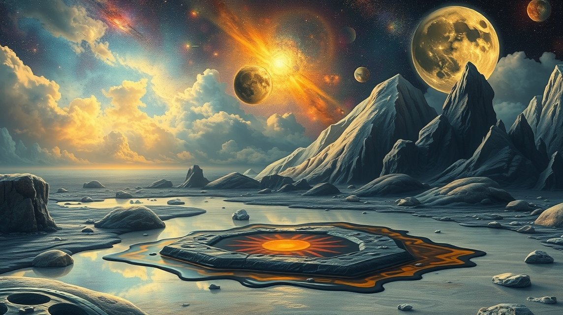 Paesaggio onirico con olio e pianeti in un cielo stellato