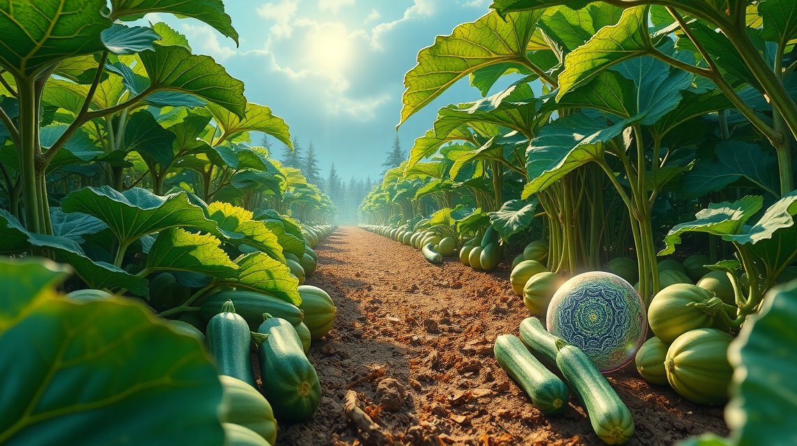 Campo di zucchine con piante rigogliose e raccolto abbondante.