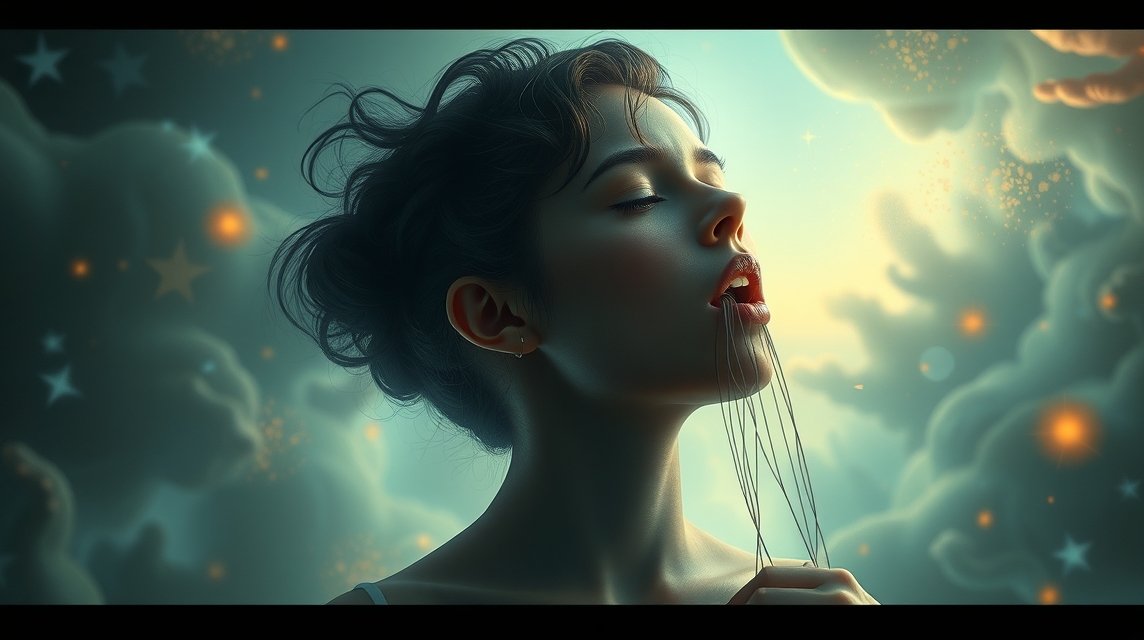 Donna che rimuove fili dalla bocca, simbolo di liberazione emotiva