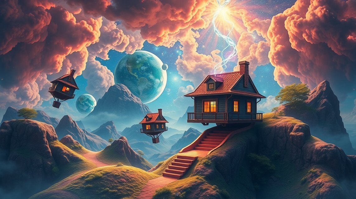 Immagine onirica di case fluttuanti in un paesaggio fantastico