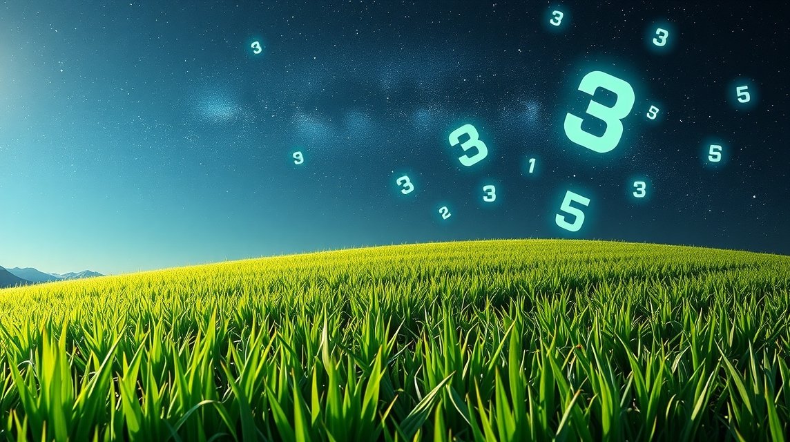 Erba verde tagliata con numeri luminosi nel cielo notturno