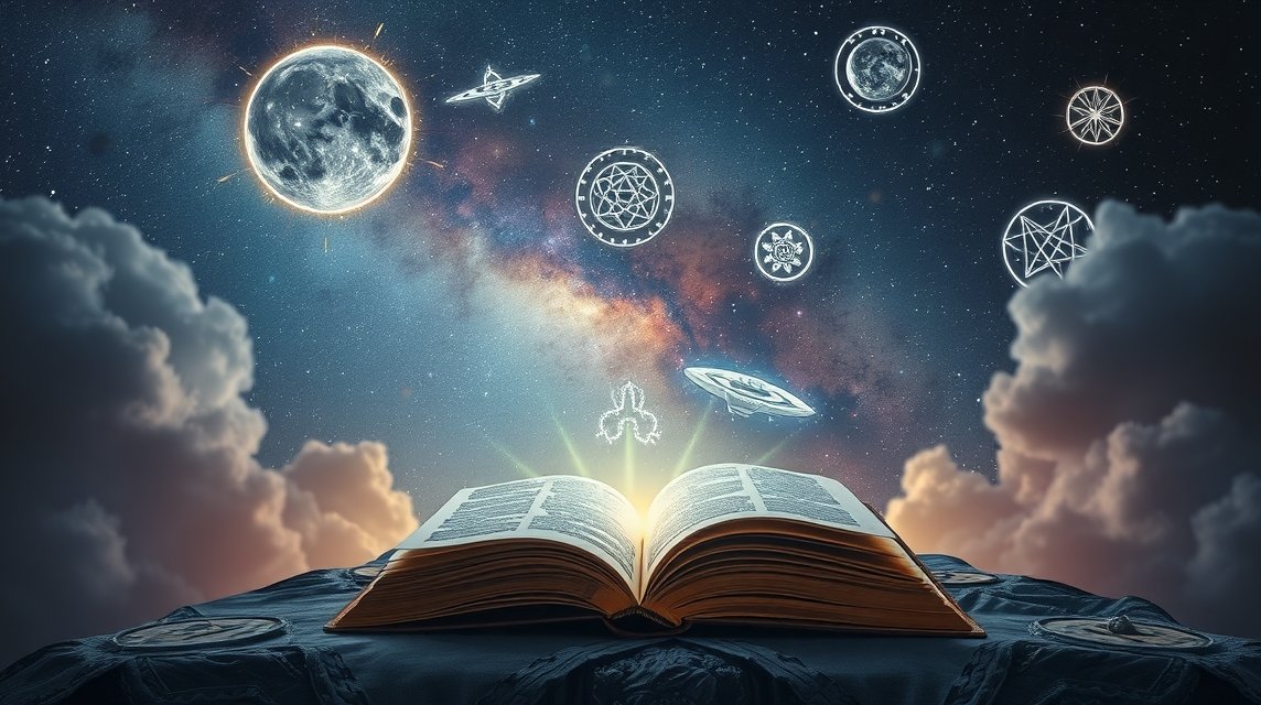 Libro aperto con simboli astrali e galassia sullo sfondo