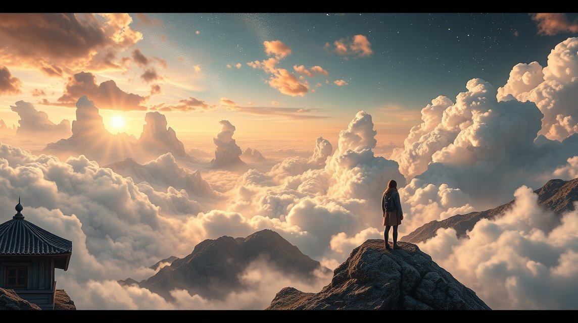 Giovane donna su una montagna con vista su nuvole e cielo al tramonto