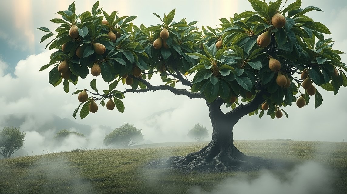 Albero di fichi con frutti maturi in un paesaggio nebbioso