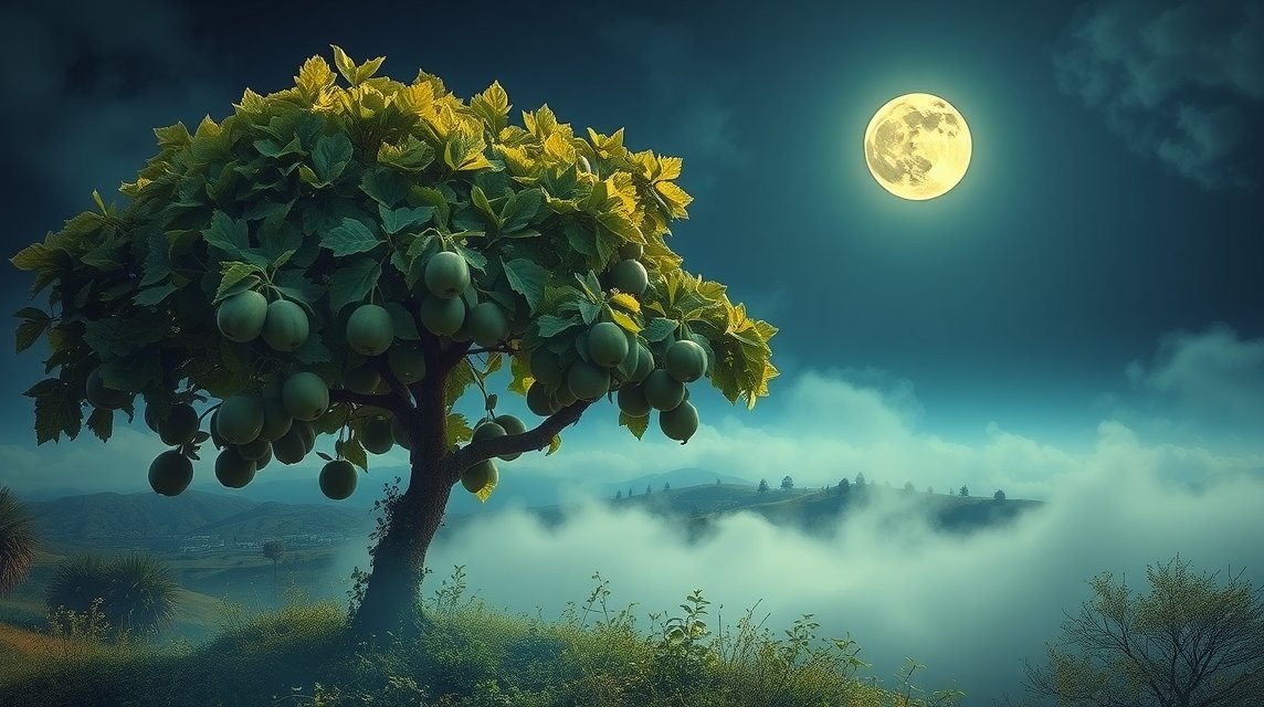 Albero di fichi sotto la luna piena avvolto nella nebbia