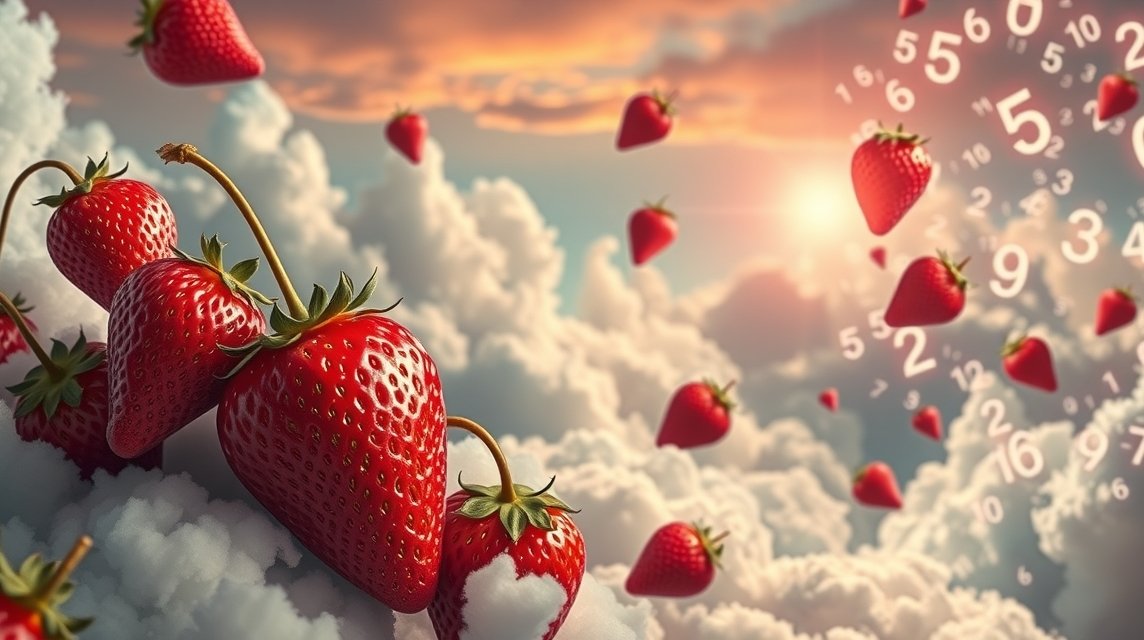 Fragole rosse fluttuanti tra le nuvole con numeri
