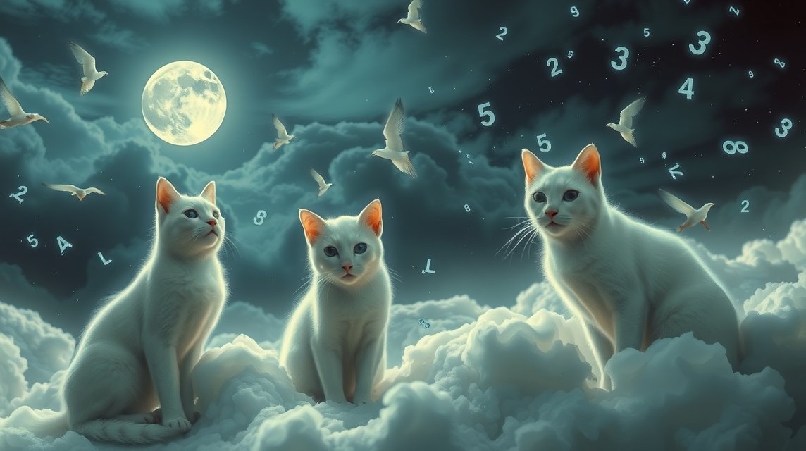 Tre gatti bianchi su nuvole con numeri e uccelli sotto la luna.
