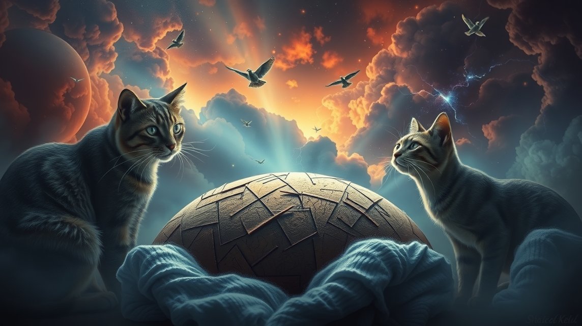 Due gatti su un pianeta misterioso con nuvole e uccelli.