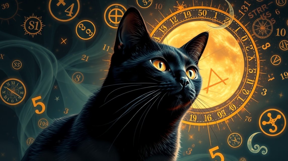 Gatto nero con sfondo di simboli misteriosi e astrali