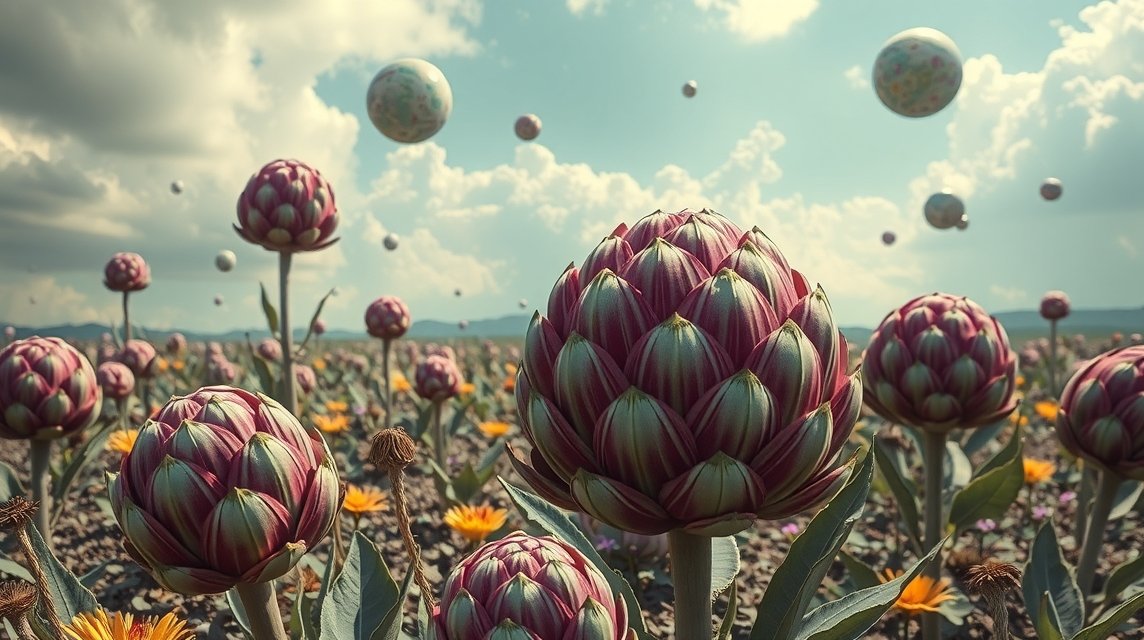 Campo di carciofi colorati con cielo nuvoloso e sfere fluttuanti