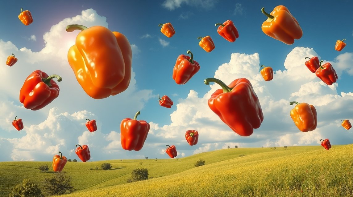 Peperoni rossi e gialli fluttuanti in un cielo sereno
