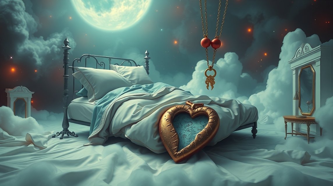 Letto in un sogno con coperte, cuore dorato e collana, rappresentante crisi di coppia.