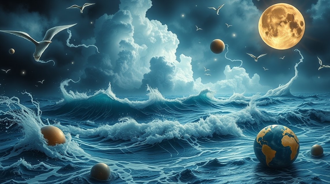 Un mare mosso con onde e pianeti, simboleggia sogni e avventura.