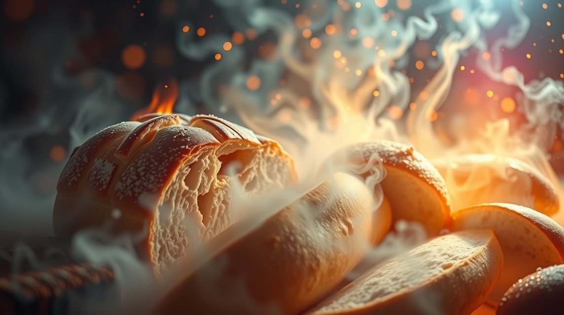 Pane fresco con fumo e luce, simbolo di abbondanza e vita.