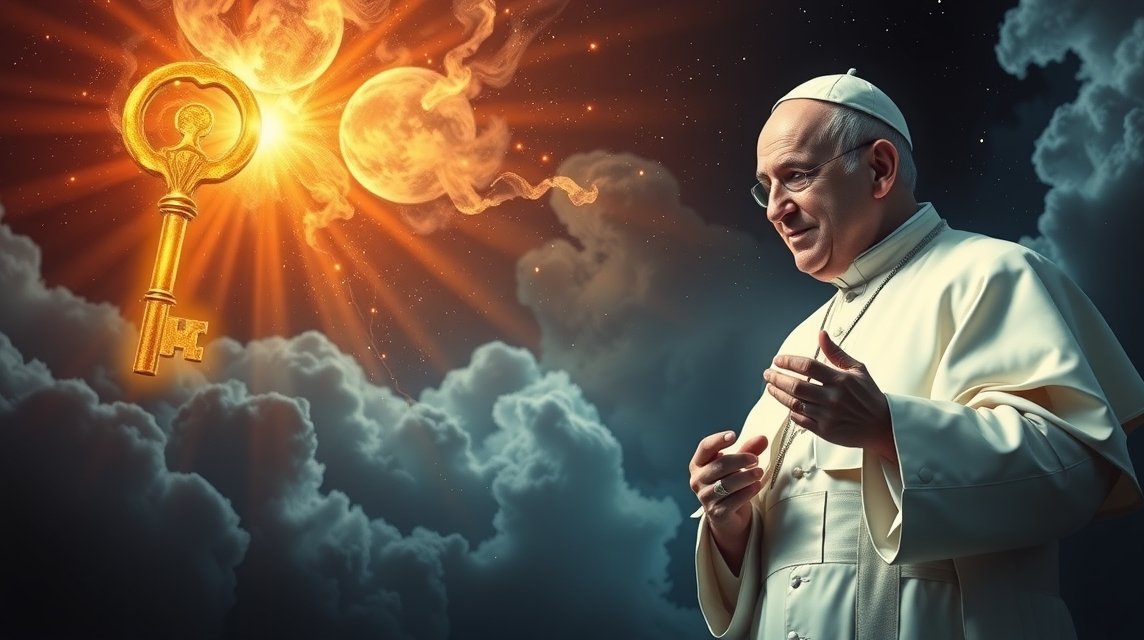 Il Papa con una chiave dorata in un cielo mistico