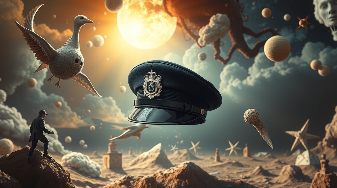 Cappello da poliziotto fluttuante in un paesaggio onirico surrealista