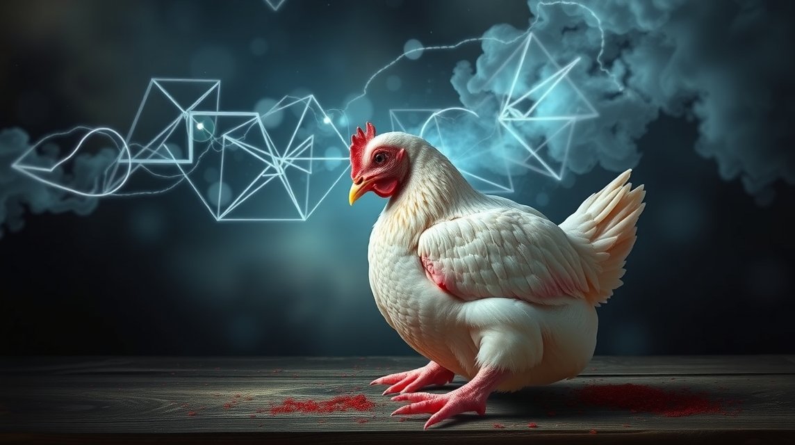 Pollame crudo simbolico in un sogno con elementi grafici.