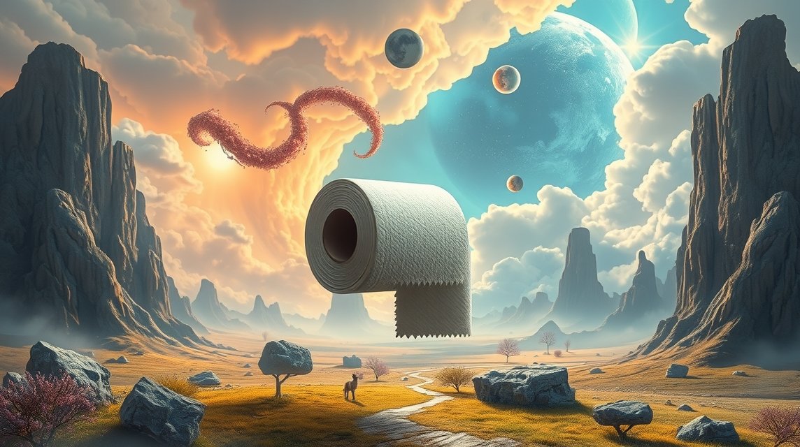 Rollo di carta igienica in un paesaggio onirico simbolo di purificazione.