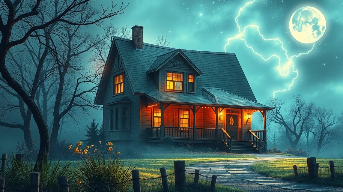 Una casa avvolta nel mistero con una luce calda e una luna piena