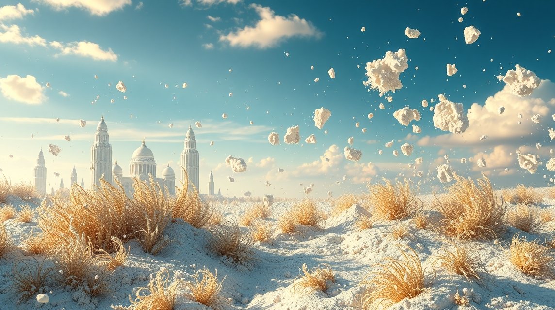 Paesaggio mistico di farina e creatività in un vasto campo.