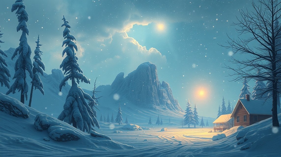 Paesaggio invernale con neve e una cabina di legno