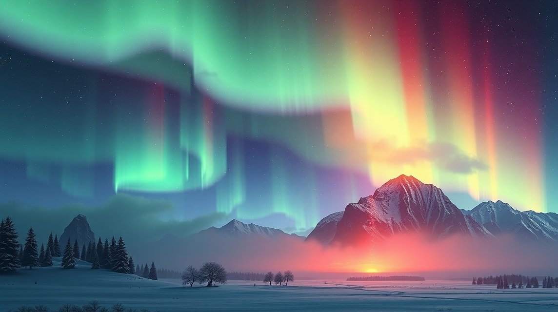 Aurora boreale danzante sopra le montagne in un paesaggio notturno.