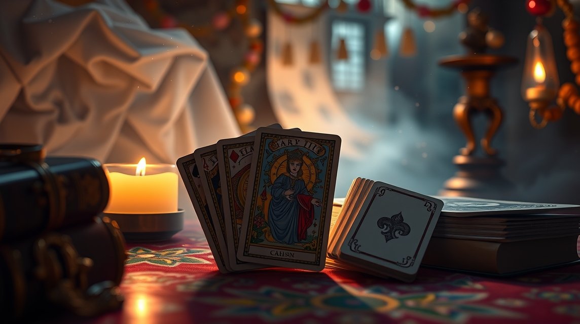 Carte da gioco illuminate da una candela, simboli di destino e interpretazione.