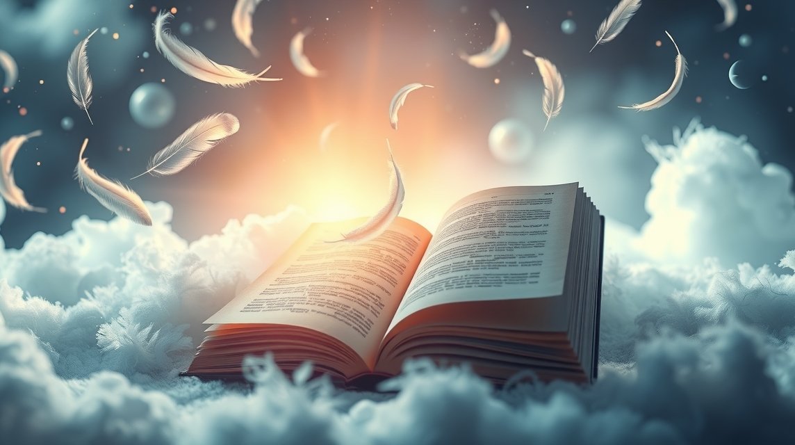 Piume fluttuanti sopra un libro luminoso tra le nuvole.