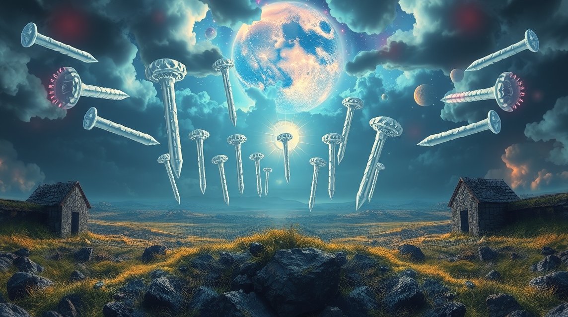 Immagine surreale di chiodi fluttuanti in un paesaggio onirico.