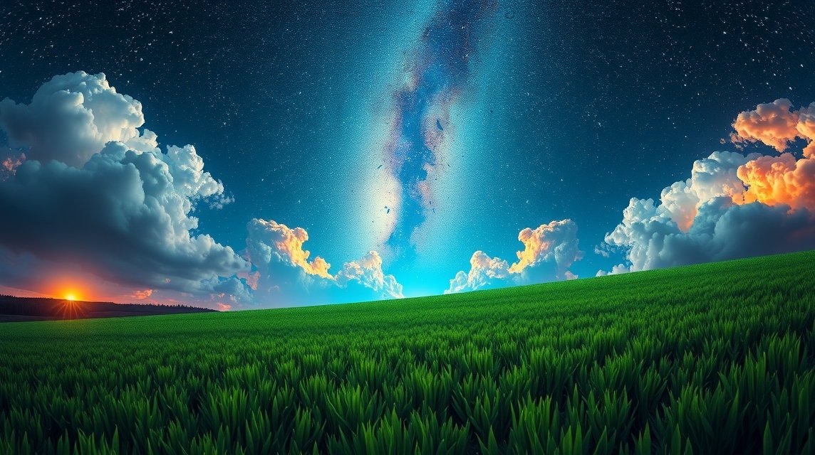 Paesaggio di erba verde con cielo stellato e nuvole voluminose