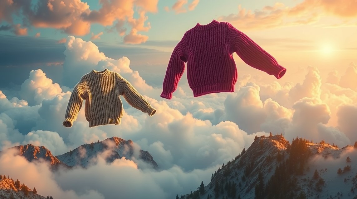 Maglioni di lana sospesi tra le nuvole al tramonto