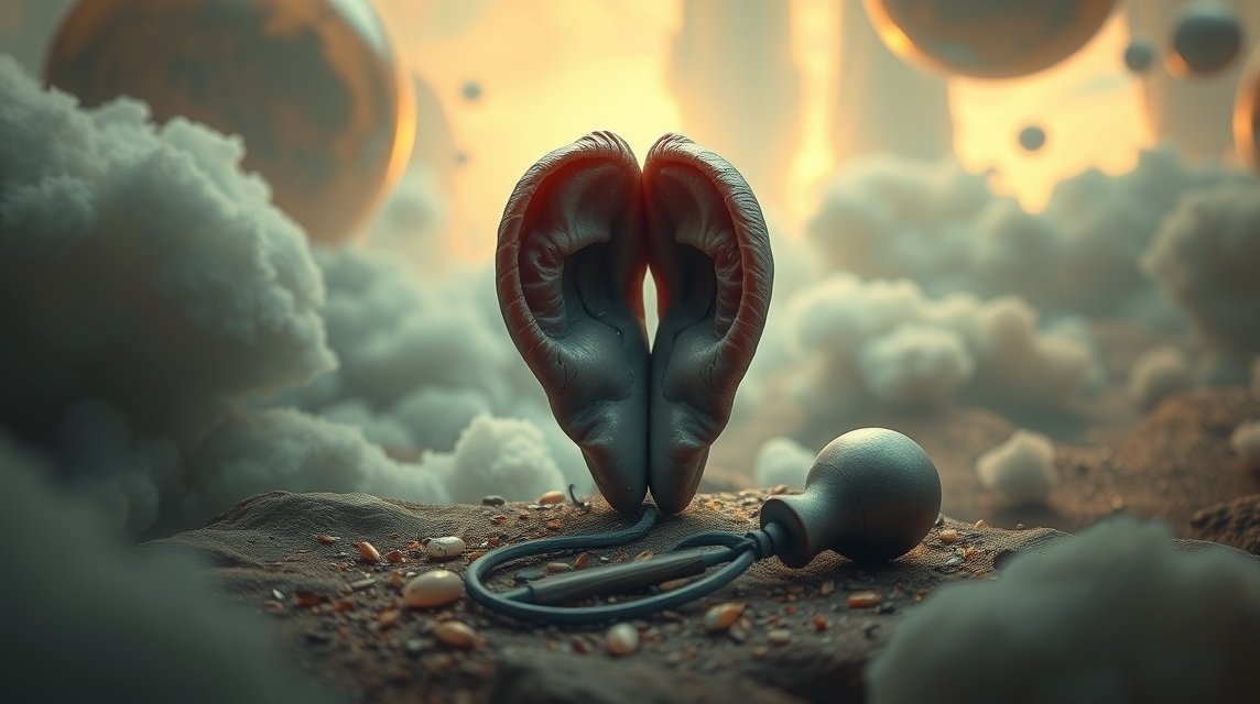 Orecchie simboliche con pus in un ambiente onirico che rappresenta maldicenze e ascolto