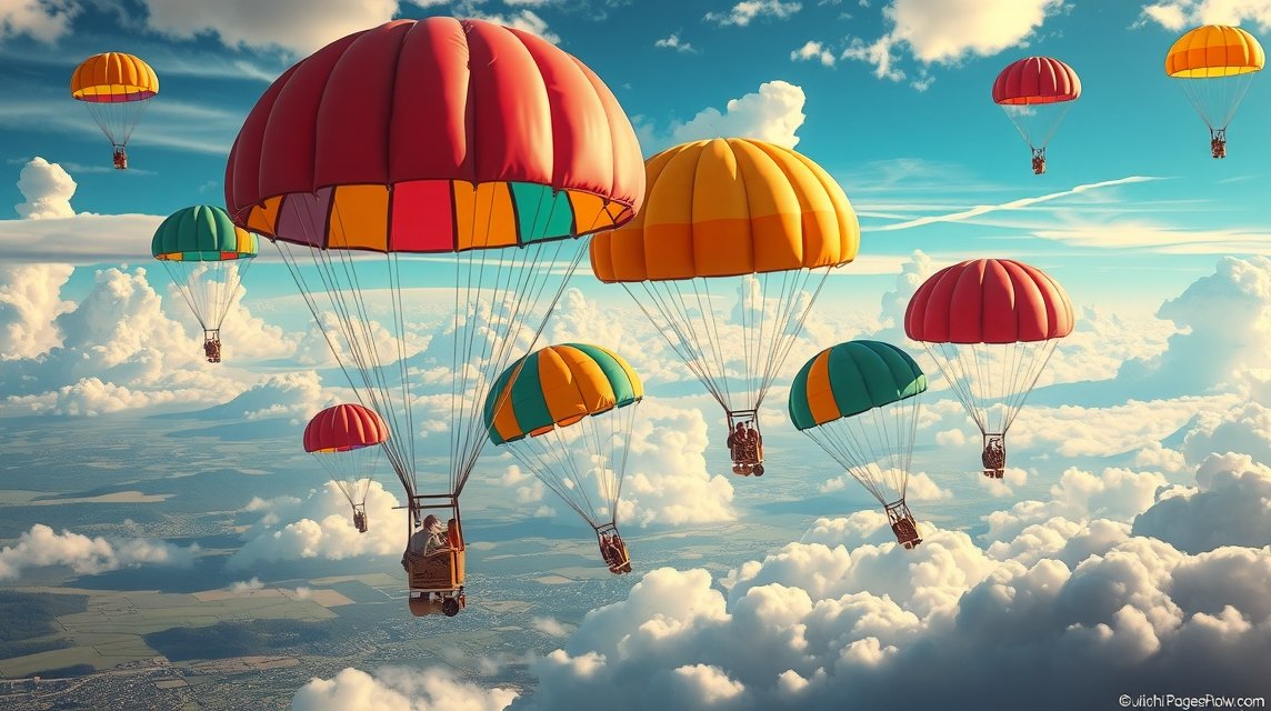 Paracadute colorati in volo tra nuvole bianche e cielo blu.