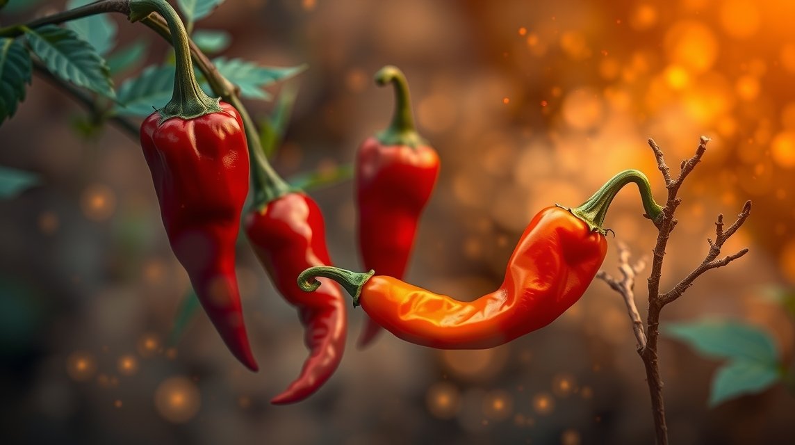 Peperoncini rossi appesi su una pianta, simbolo di piccantezza e passione.