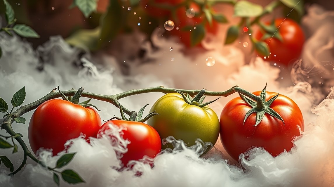 Pomodori freschi rossi e verdi con effetto nebbia